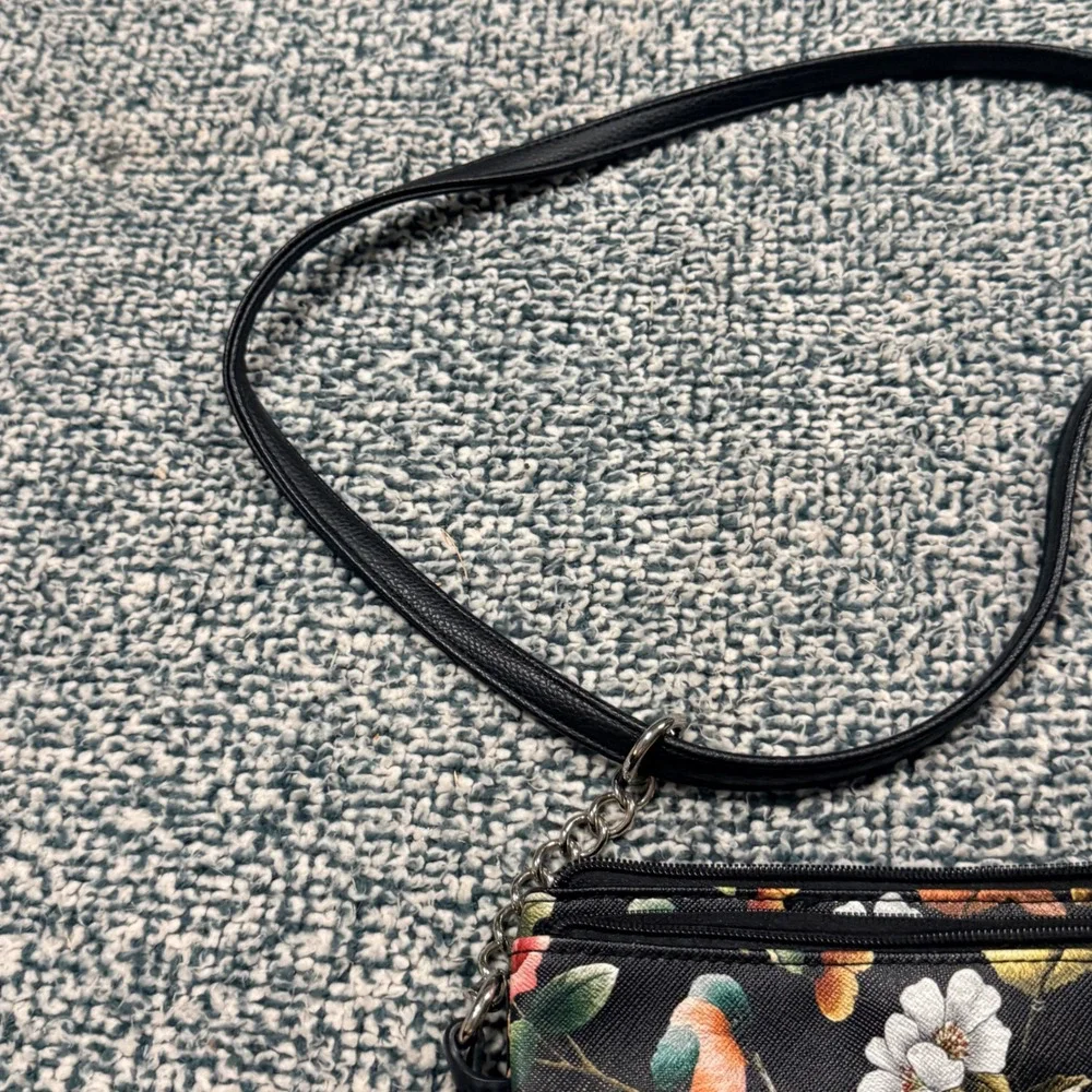 Rosetti Floral Bird Print Black Crossbody Bag Faux Leather Zip Purse